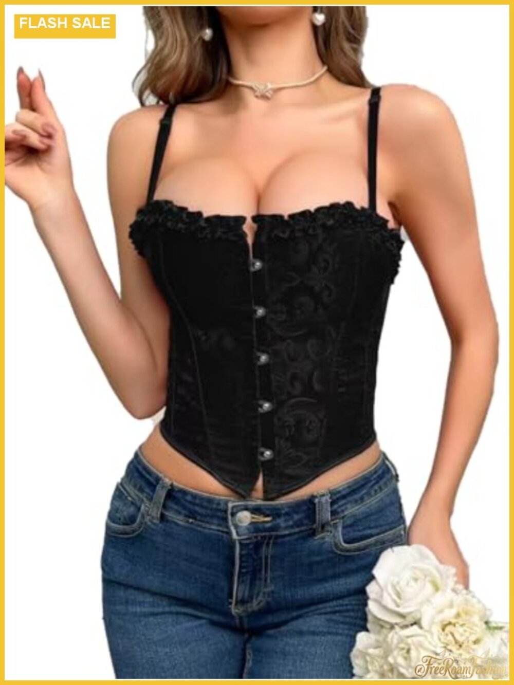 Lace Bustier Corset Crop Top with Spaghetti Strap Slim Fit Deep V-Neck